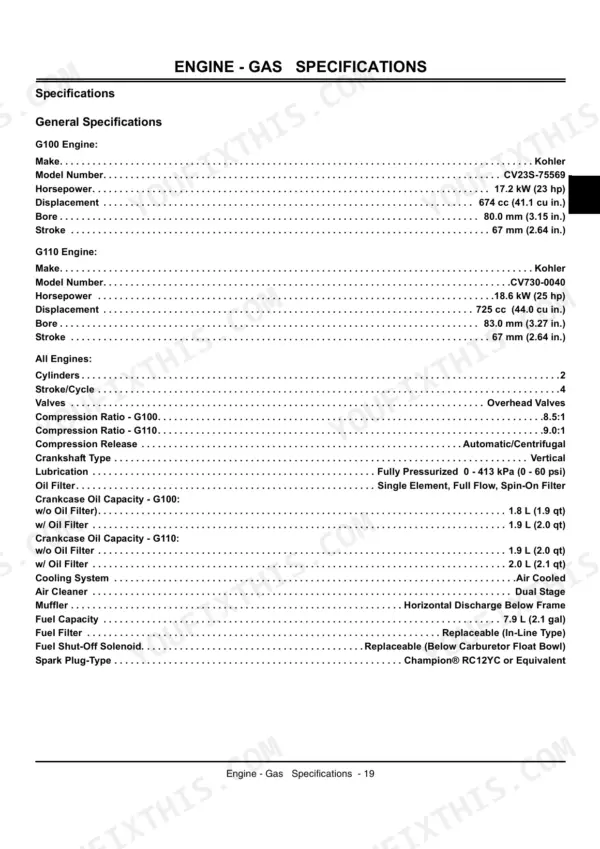 John Deere G100, G110 engine gas specifications table including Kohler engine displacement, oil capacity, and fuel data.