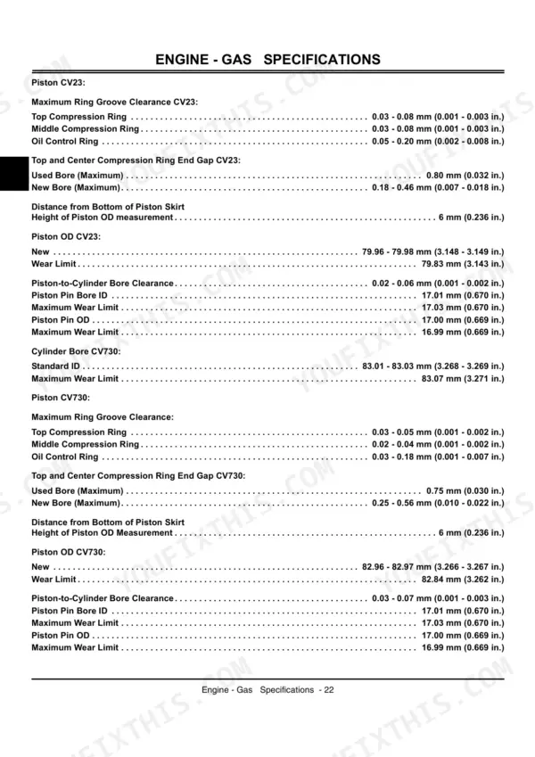 John Deere G100, G110 engine gas specifications table for CV23 and CV730 piston, ring, and cylinder bore clearances.