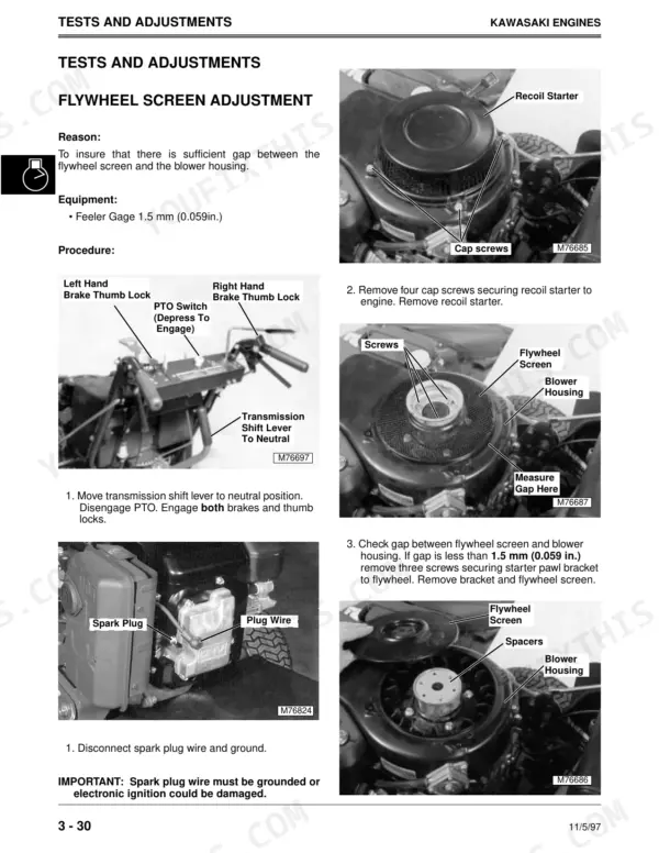 John Deere GS25, GS30, GS45, GS75, HD45, HD75, Commercial Walk-Behind Mowers: Flywheel screen adjustment procedure.