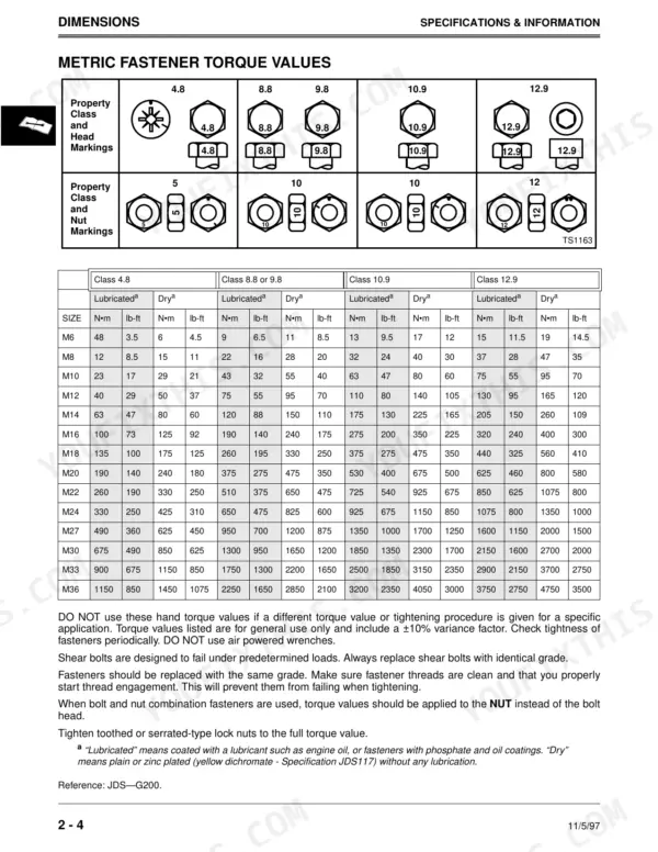 John Deere GS25, GS30, GS45, GS75, HD45, HD75, Commercial Walk-Behind Mowers metric fastener torque values table.