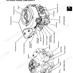 John Deere GT242, GT262, GT275 Kawasaki engine component location diagram showing external engine parts.