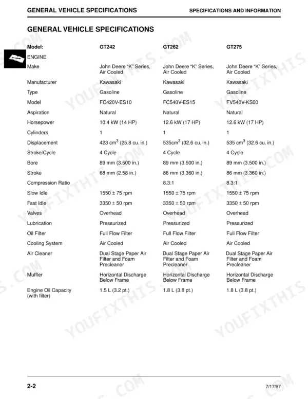 John Deere GT242, GT262, GT275 general engine specifications table including Kawasaki engine models, displacement, and idle speeds.
