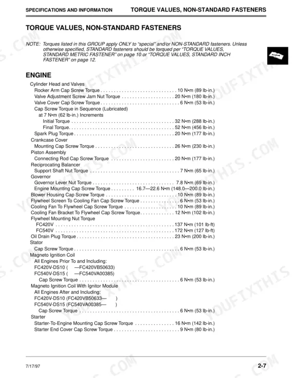 John Deere GT242, GT262, GT275 engine non-standard fastener torque specifications table for cylinder head, piston, and starter.