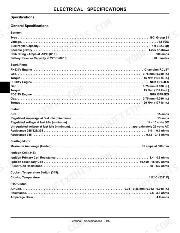 John Deere GX255, GX325, GX335, GX345 electrical specifications table for battery, spark plugs, stator, and PTO clutch.
