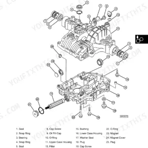 John Deere GX355, Lawn and Garden Tractors: Exploded view of K71A hydrostatic transaxle case halves and components.