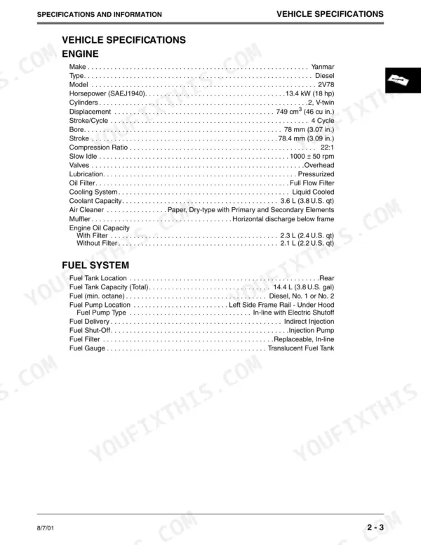 John Deere GX355, Lawn and Garden Tractors: Engine and fuel system technical specifications table.