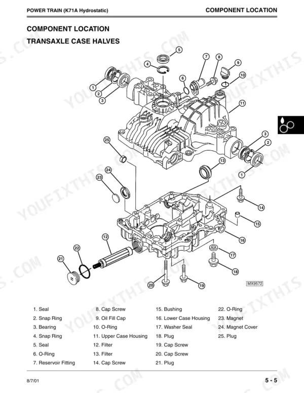 John Deere GX355, Lawn and Garden Tractors, K71A hydrostatic transaxle case halves exploded view component diagram.
