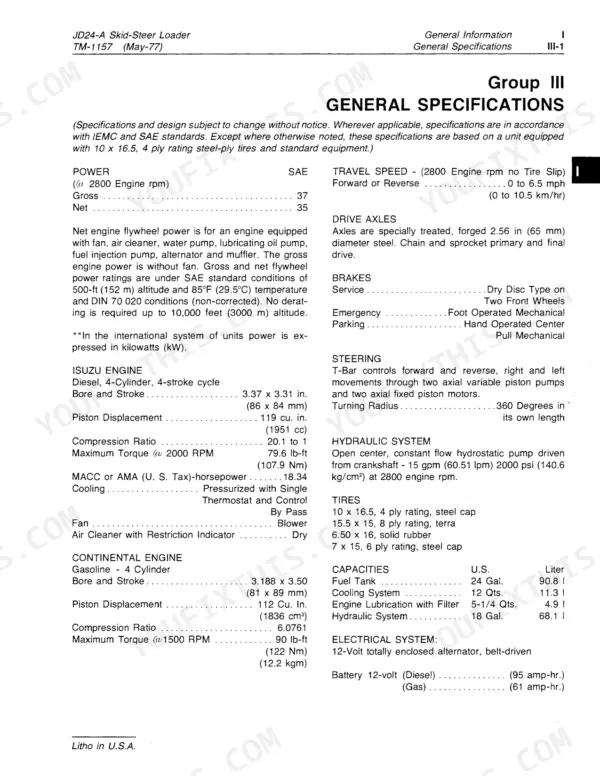 John Deere JD24A, JD24A Skid-Steer Loader general specifications table including engine, hydraulic, and capacity data.