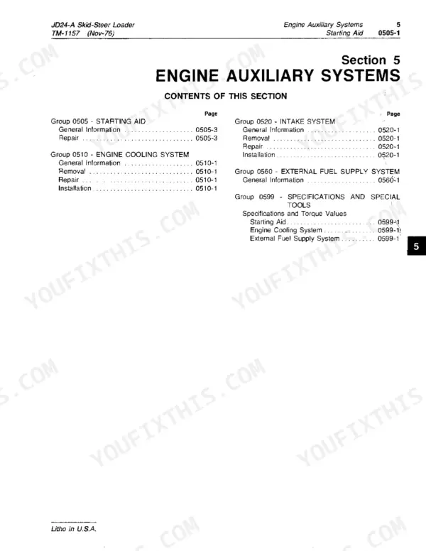 John Deere JD24A, JD24A Skid-Steer Loader Engine Auxiliary Systems Section 5 table of contents page.