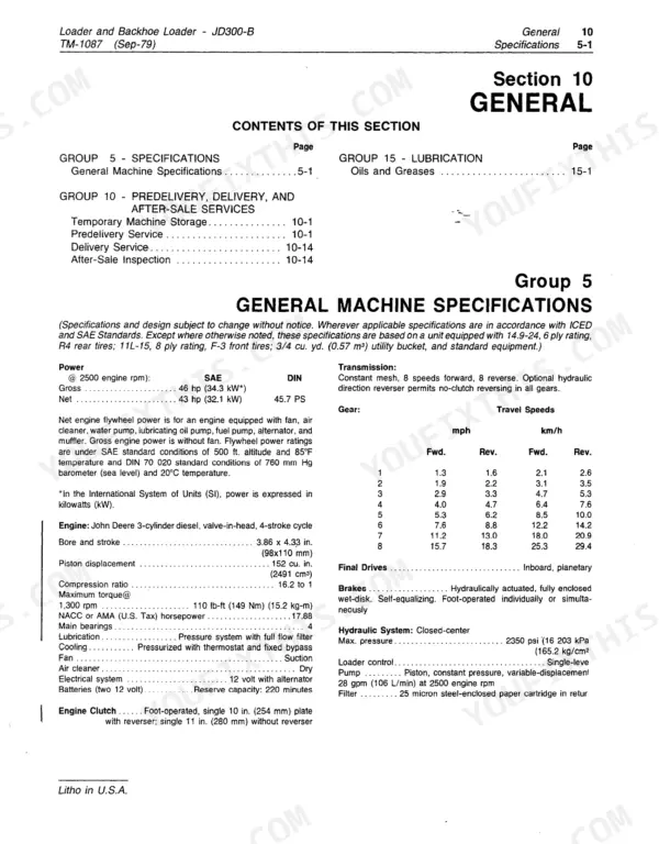 John Deere JD300-B, JD300-B Loader and Backhoe Loader general specifications table, engine data, and travel speeds chart.