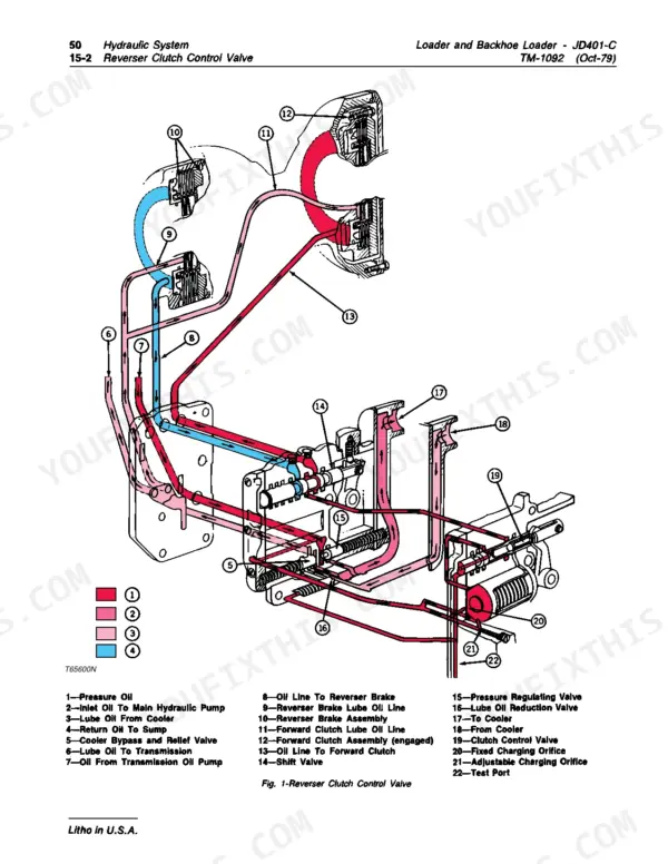 John Deere JD401-C, JD401-C Loader and Backhoe Loader hydraulic diagram of the Reverser Clutch Control Valve system.