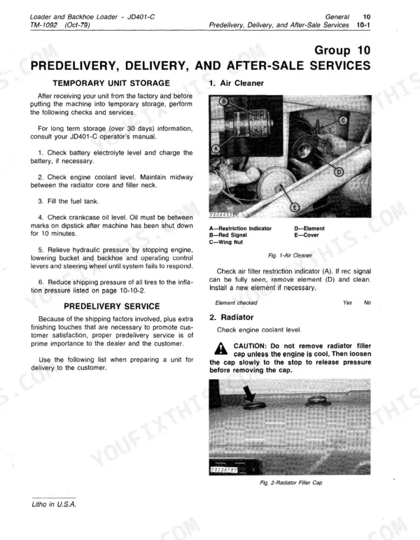 John Deere JD401-C Loader and Backhoe Loader pre-delivery service procedures for air cleaner and radiator maintenance.
