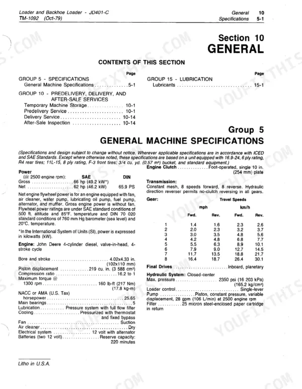 John Deere JD401-C, JD401-C Loader and Backhoe Loader technical manual page showing general machine specifications table.