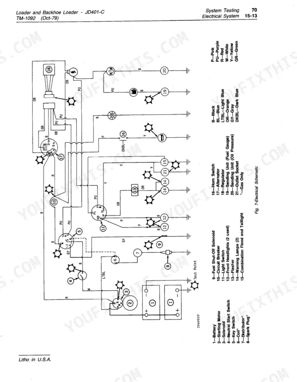 John Deere JD401-C, JD401-C Loader and Backhoe Loader electrical system schematic diagram with component legend.
