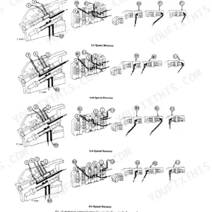 John Deere JD500-C power shift transmission hydraulic control system flow diagrams for 1st through 4th reverse speeds.