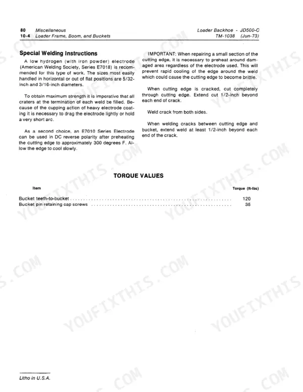 John Deere JD500-C manual page showing special welding instructions for loader buckets and a torque values table for bucket components.