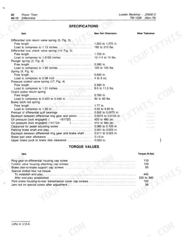 John Deere JD500-C differential specifications table, spring dimensions, pressure settings, and torque values for power train.