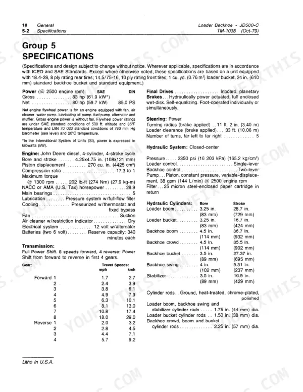 John Deere JD500-C technical manual specifications page covering engine, transmission, hydraulic system, and cylinder dimensions.