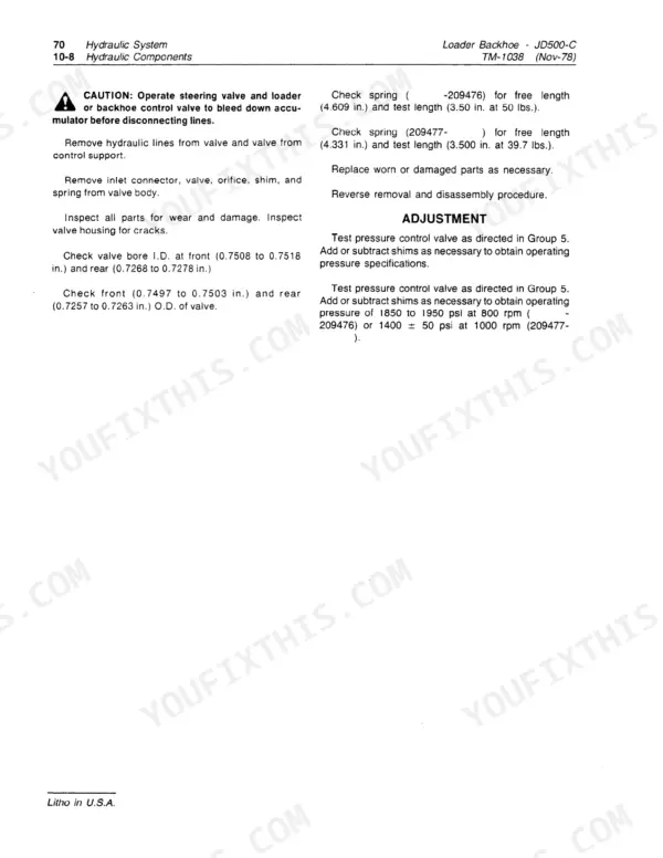 John Deere JD500-C hydraulic system service manual page detailing valve disassembly, inspection, and pressure adjustment.