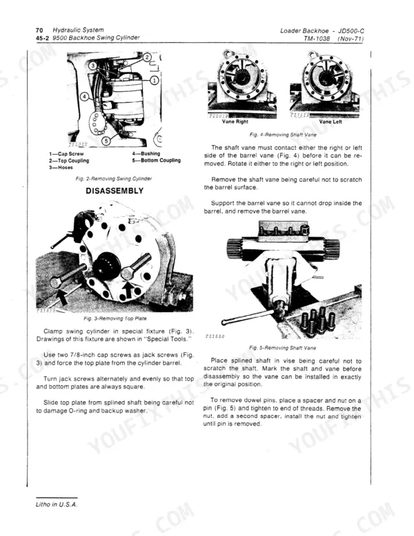 John Deere JD500-C backhoe swing cylinder disassembly and shaft vane removal procedures with component diagrams.