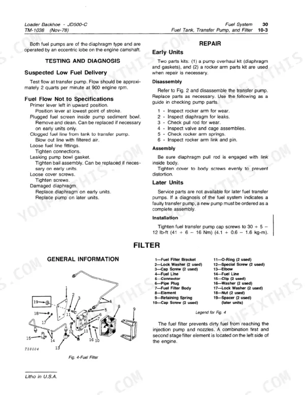 John Deere JD500-C fuel transfer pump repair procedures and fuel filter exploded view diagram with parts list.
