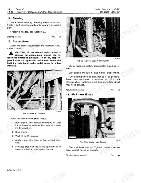John Deere JD510 maintenance manual: checking steering, brake accumulator, hydraulic accumulator, and air intake hose clamps.