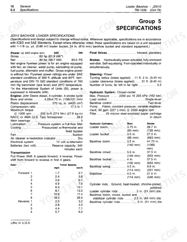 John Deere JD510 backhoe loader technical specifications table including engine, transmission, hydraulic, and cylinder data.