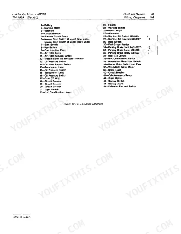 John Deere JD510 electrical system wiring diagram legend listing components 1 through 45 for the electrical schematic.