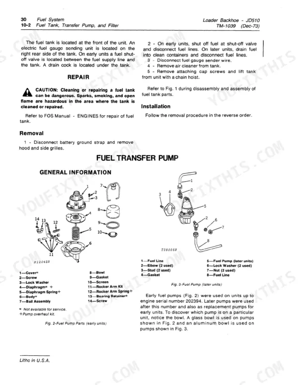John Deere JD510 fuel tank removal procedures and exploded view diagrams of early and late model fuel transfer pumps.