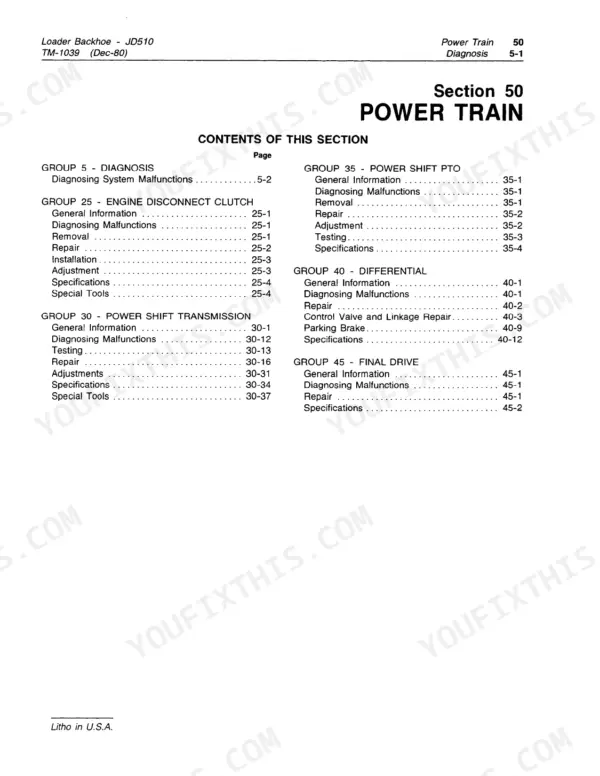 John Deere JD510 service manual table of contents for Section 50 Power Train, including transmission, clutch, and PTO.