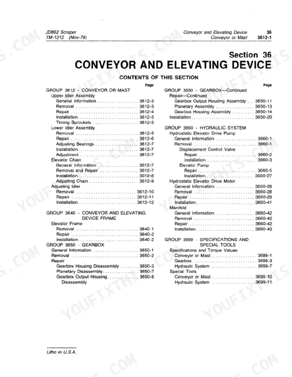Contents page of the John Deere JD862 conveyor and elevating device section, listing its service groups.