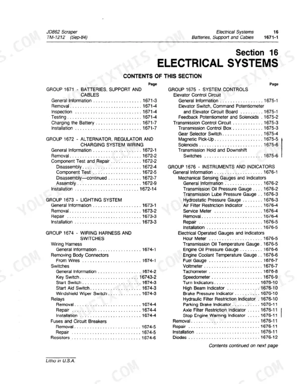 Contents page of the John Deere JD862 electrical systems section, listing its service groups.