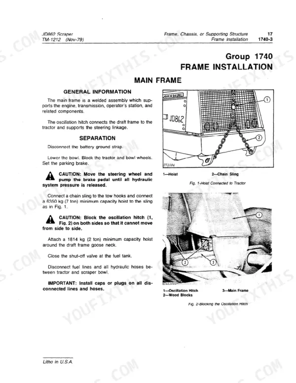 John Deere JD862 frame installation page, showing the scraper frame from two angles.