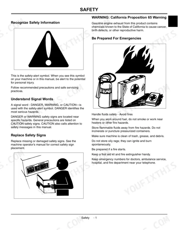 John Deere JS60, JS60H, JS61, JS63, JS63H, JS63E safety manual page covering hazard symbols, fire safety, and first aid.