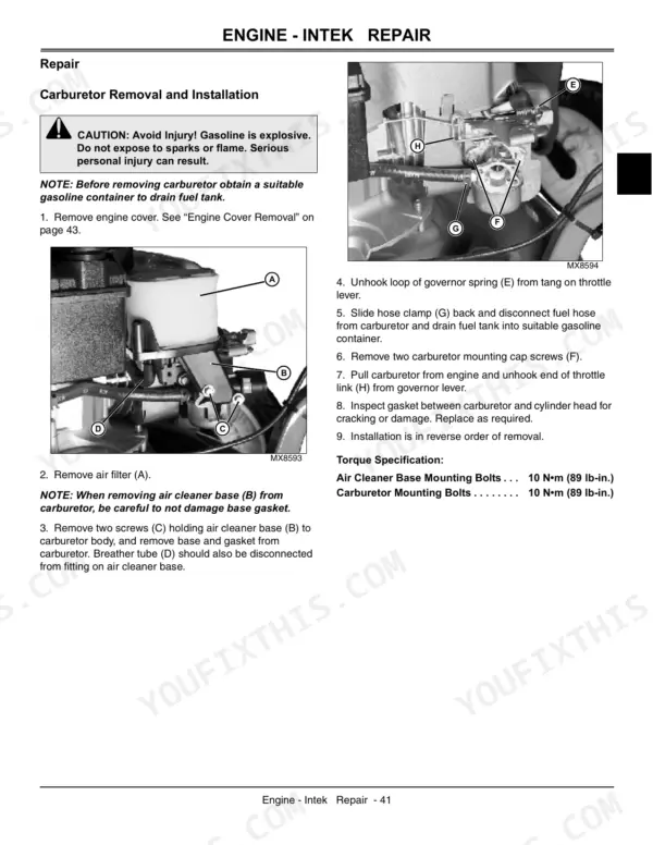 John Deere JS60, JS60H, JS61, JS63, JS63H, JS63E carburetor removal and installation procedure with torque specs.
