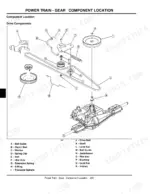 john-deere-l100-to-l130-lawn-tractors-technical-manual-tm2026-exploded-view-288.webp John Deere L100, L110, L120, L130 exploded view of power train gear drive components, idler arm, and transaxle belt.