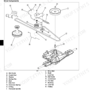 John Deere L100, L110, L120, L130 exploded view of power train gear drive components, idler arm, and transaxle belt.