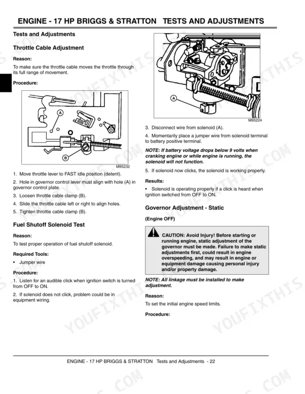 John Deere L100, L110, L120, L130 throttle cable adjustment, fuel shutoff solenoid test, and governor adjustment procedures.