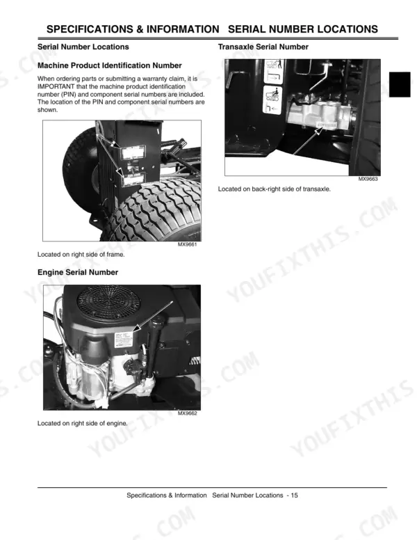 John Deere L100, L110, L120, L130 manual showing machine, transaxle, and engine serial number location diagrams.