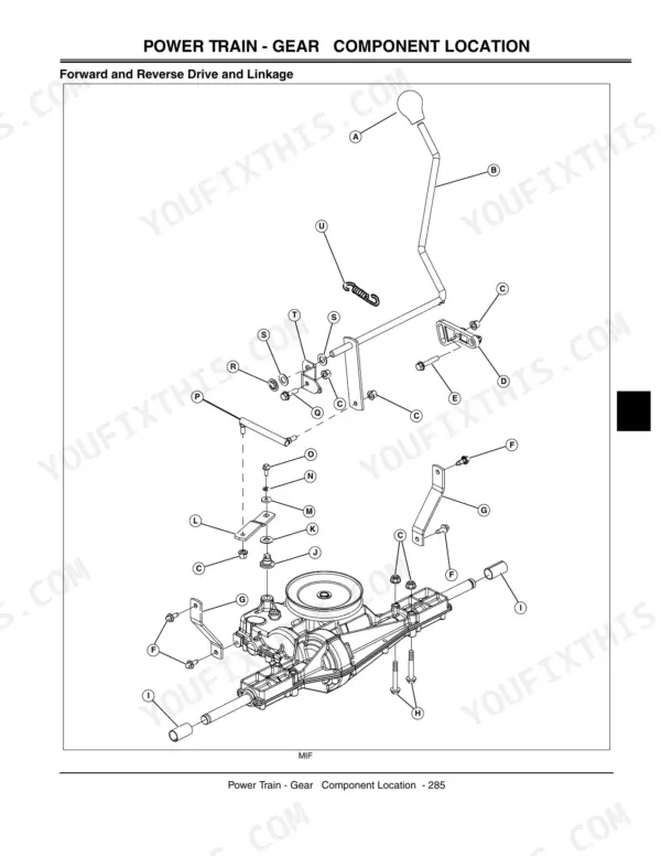 John Deere L100, L110, L120, L130 exploded view of power train gear forward and reverse drive linkage components.