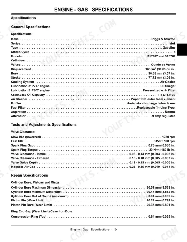 John Deere LA100, LA110, LA120, LA130, LA140, LA150, LA100 Series engine gas specifications, test, adjustment, and repair data.