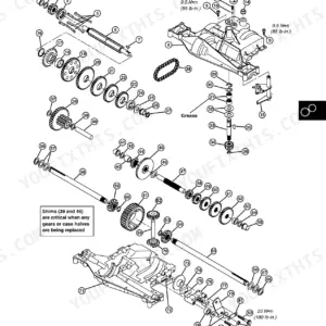 John Deere LT133, LT155, LT166 exploded view diagram of transaxle components, gears, shafts, and housing assembly.