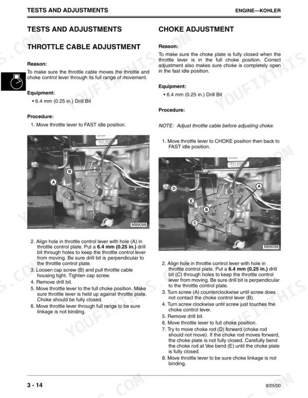 John Deere LT133, LT155, LT166 throttle cable and choke adjustment procedures with Kohler engine component diagrams.