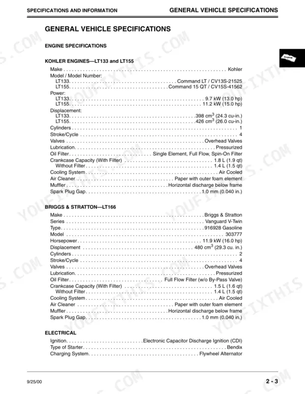 John Deere LT133, LT155, LT166 engine specifications table for Kohler and Briggs & Stratton engines plus electrical data.