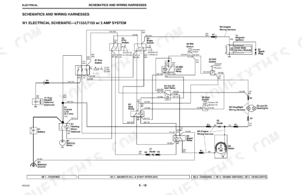 John Deere LT133, LT155 electrical schematic for 3 amp system showing key switch, relays, and ignition components.