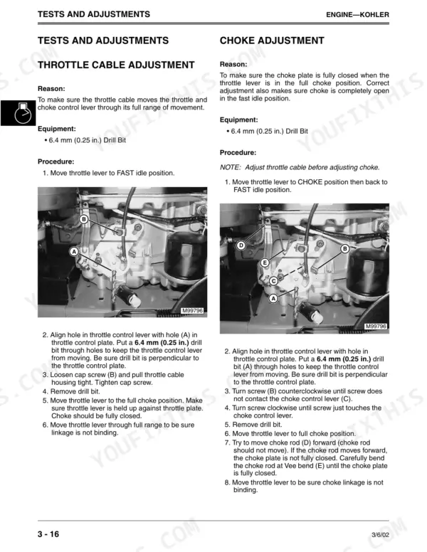 John Deere LTR155, LTR166, LTR180 throttle cable and choke adjustment procedures with component diagrams.