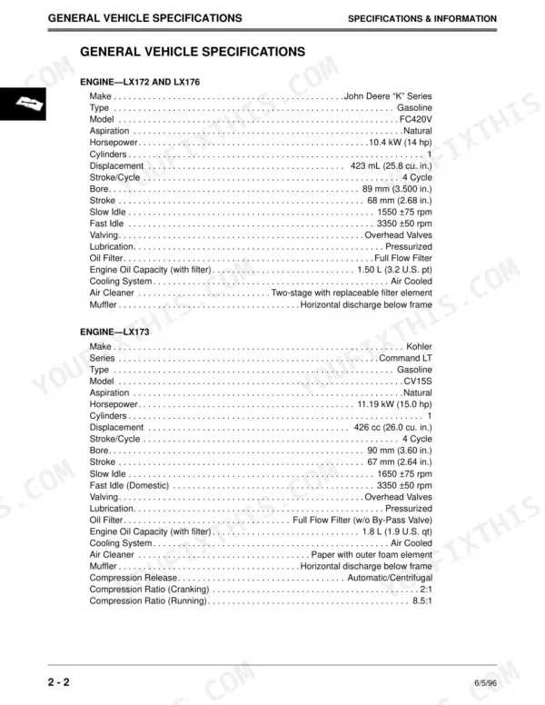 John Deere LX172, LX173, LX176, LX178, LX186, LX188 engine specifications table for LX172, LX176, and LX173 models.
