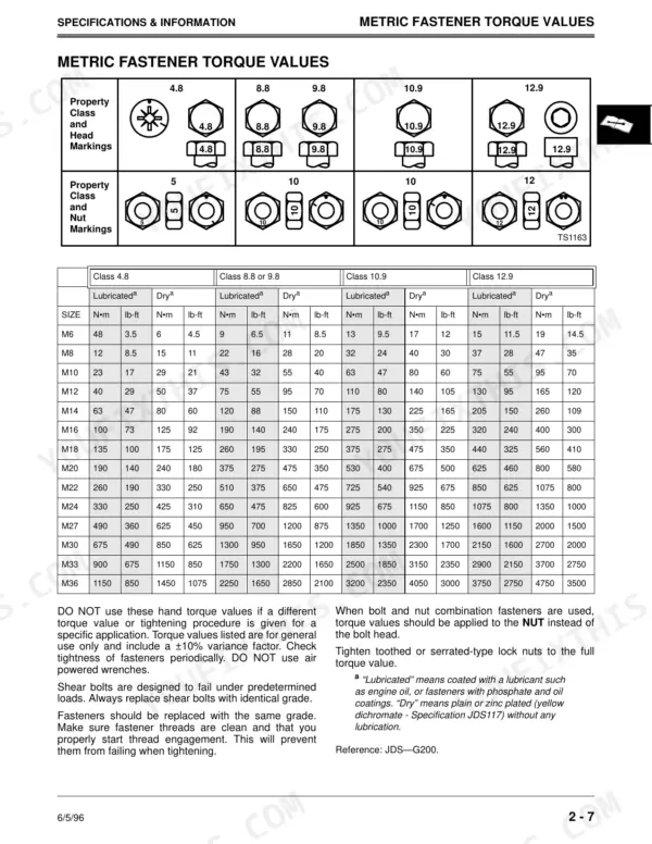 John Deere LX172, LX173, LX176, LX178, LX186, LX188 metric fastener torque values table for bolt property classes.