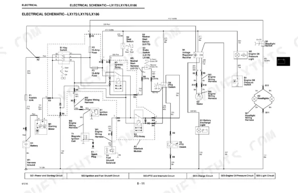 John Deere LX172, LX176, LX186 electrical schematic showing ignition, PTO, interlock, and lighting circuits.