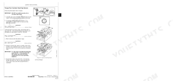 John Deere POWERTECH 10.5 L, 12.5 L, 6105HF, 6125HF torque-turn procedure and specifications for cylinder head cap screws.